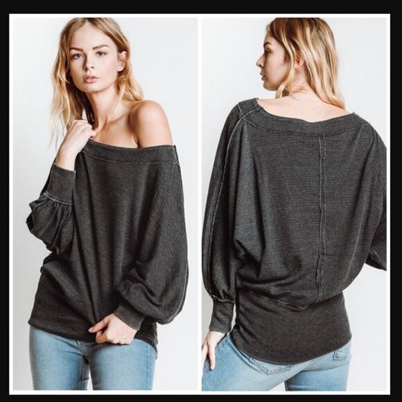 WE THE FREE Willow Thermal Women's Size Small Gray Dolman Off The Shoulder Tunic - Picture 2 of 10